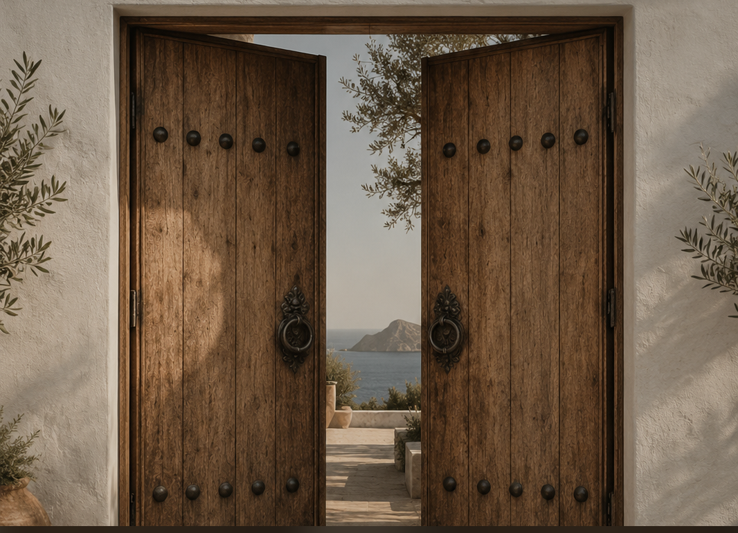 Porte double en bois ouvrant sur une villa à Ibiza